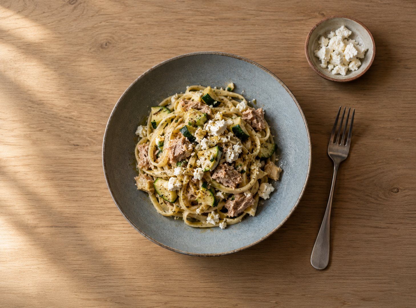Pasta Ala Feta from above: linguine with tuna, zucchini and crumbled feta, with a small dish of extra feta